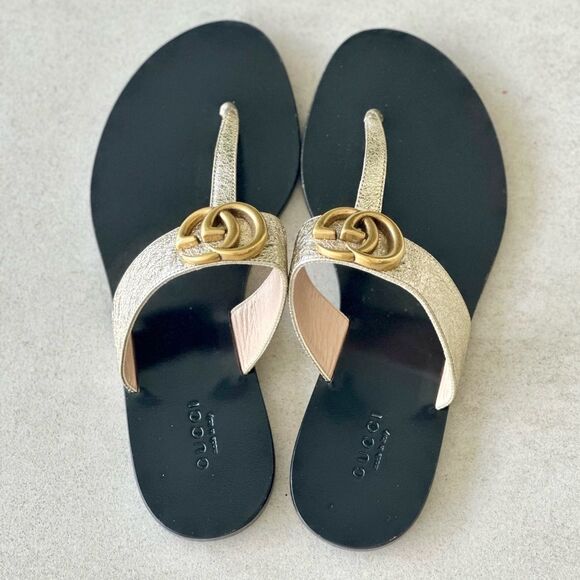 Gucci GG Marmont Sandals Metallic Gold Leather Thong Flats Flip Flops Size 36.5 - Picture 6 of 11